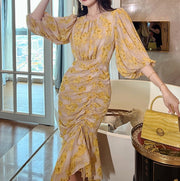 High Quality Knee-Length Hem Elegant Floral Sleeved Dress