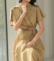 High Quality Slim Waist Belted Short Sleeve Pleated Notched Neck Elegant Dress