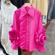 Sweet Ruffled 3D Flower Sleeve Drill Shirt