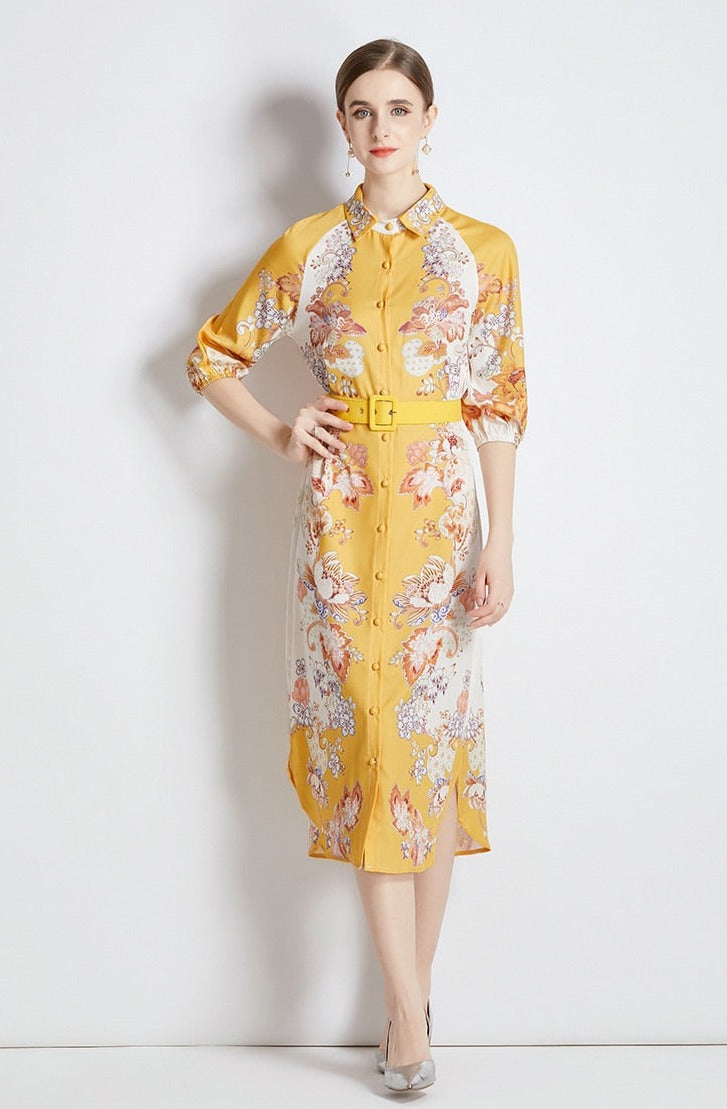 High Quality Belted Long Sleeve Flower Print Midi Dress