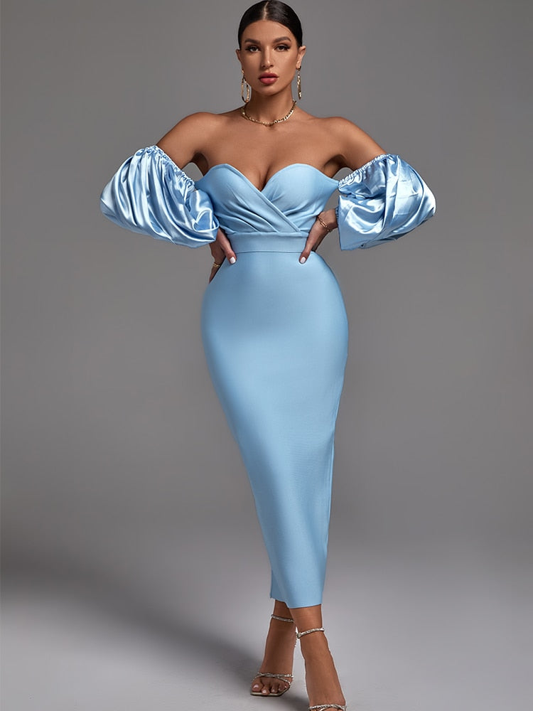 Blue Midi Elegant Sexy Off Shoulder Bodycon Dress