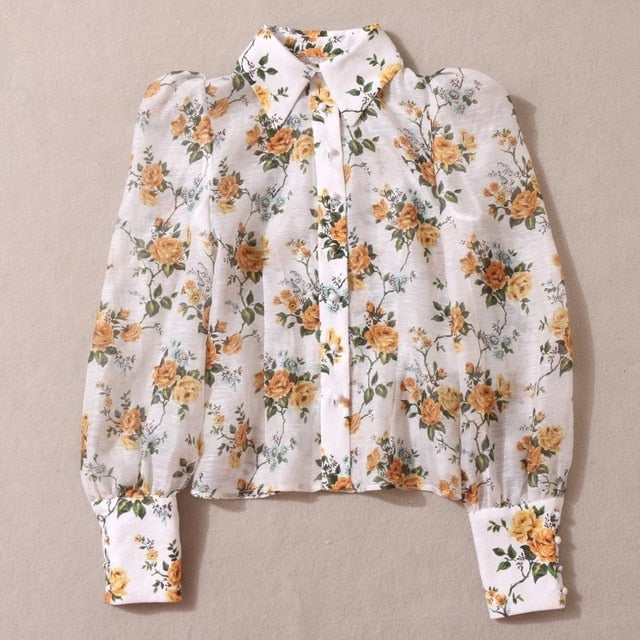 Vintage Yellow Floral Print  Blouse