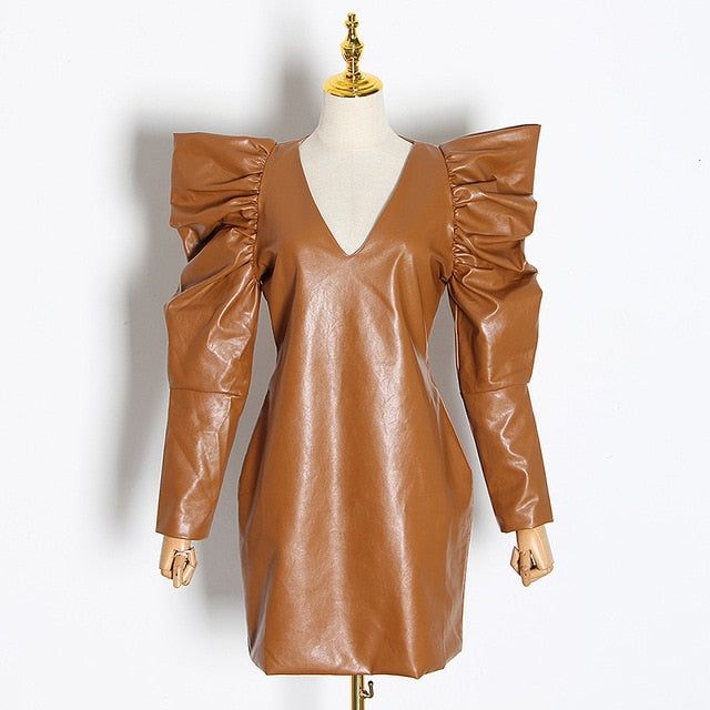 Vintage Dress For Female V Neck Puff High Waist