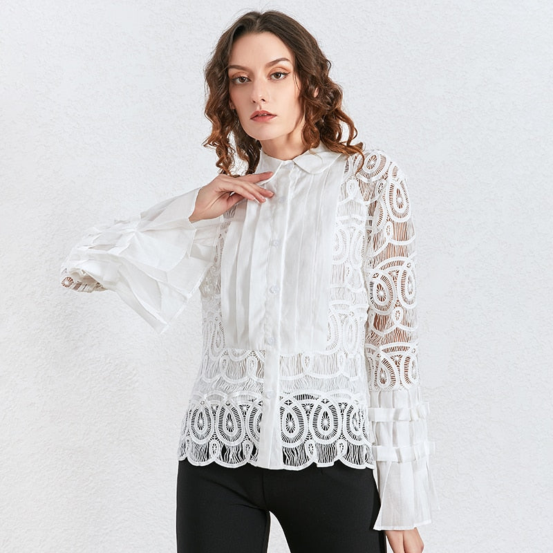 Vintage Patchwork Lace Blouse Women Lapel