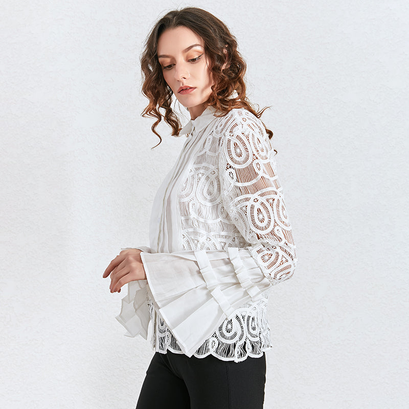 Vintage Patchwork Lace Blouse Women Lapel