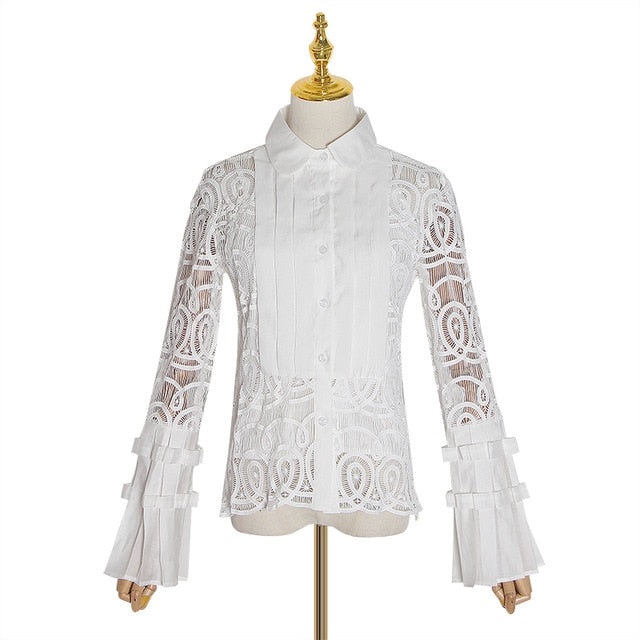 Vintage Patchwork Lace Blouse Women Lapel