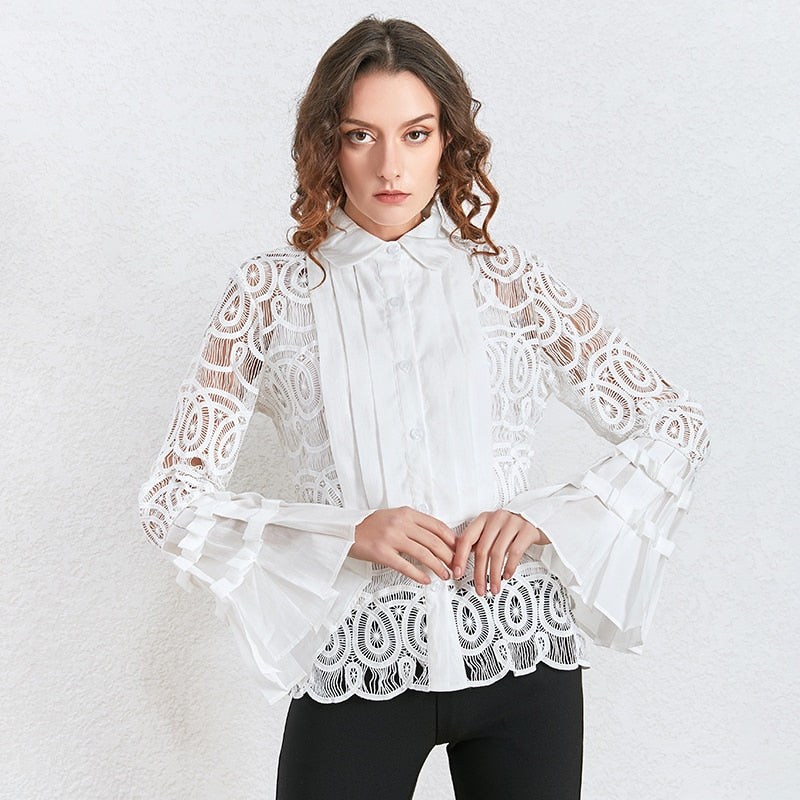 Vintage Patchwork Lace Blouse Women Lapel