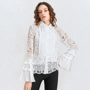 Vintage Patchwork Lace Blouse Women Lapel