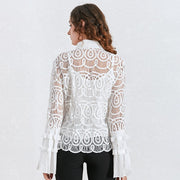 Vintage Patchwork Lace Blouse Women Lapel