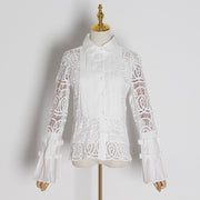 Vintage Patchwork Lace Blouse Women Lapel