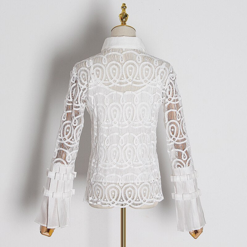 Vintage Patchwork Lace Blouse Women Lapel