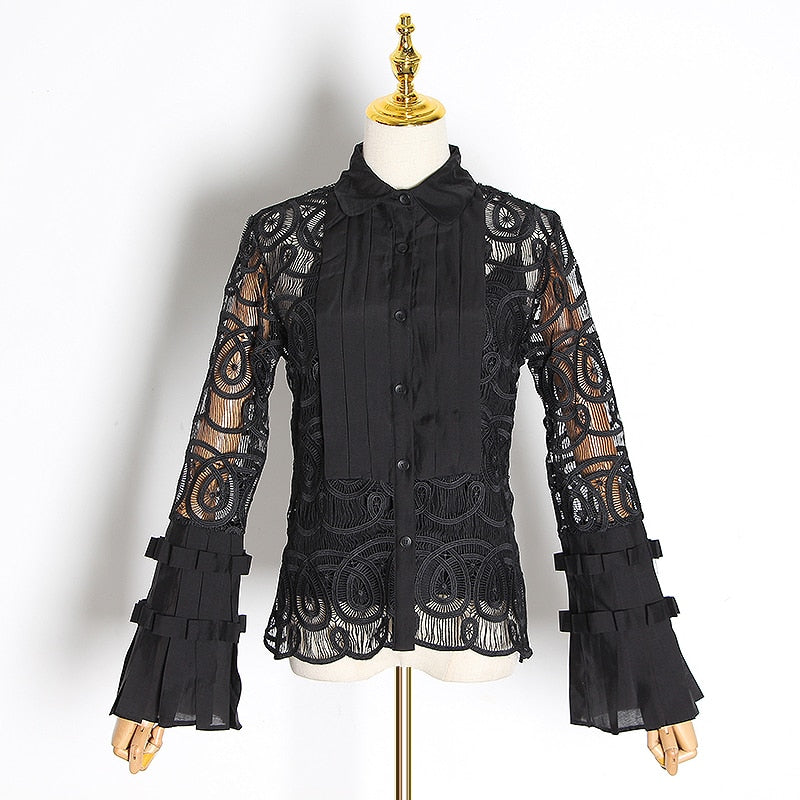 Vintage Patchwork Lace Blouse Women Lapel