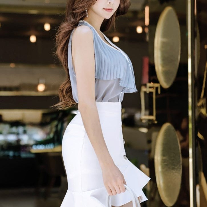 White mini skirt with ruffles, two piece set