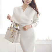 Winter Elegant Knitted 2 Pieces Set Women Sexy V-neck