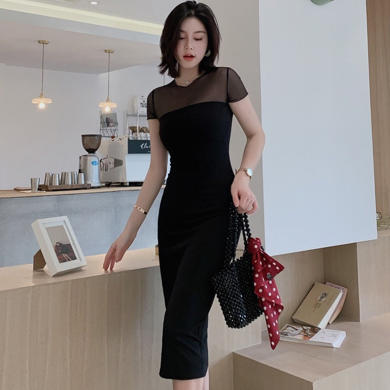 Summer Office Sexy Party Bodycon Dresses Women Short Sleeve O Neck Elegant Dresses Mesh Patchwork Vintage Bandage Dress Vestidos