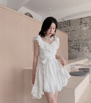 Summer Mesh Patchwork Ruffle Sashes Princess Dress Women White short Sleeve O Neck Elegant Party Dress Bandage Dresses Vestids