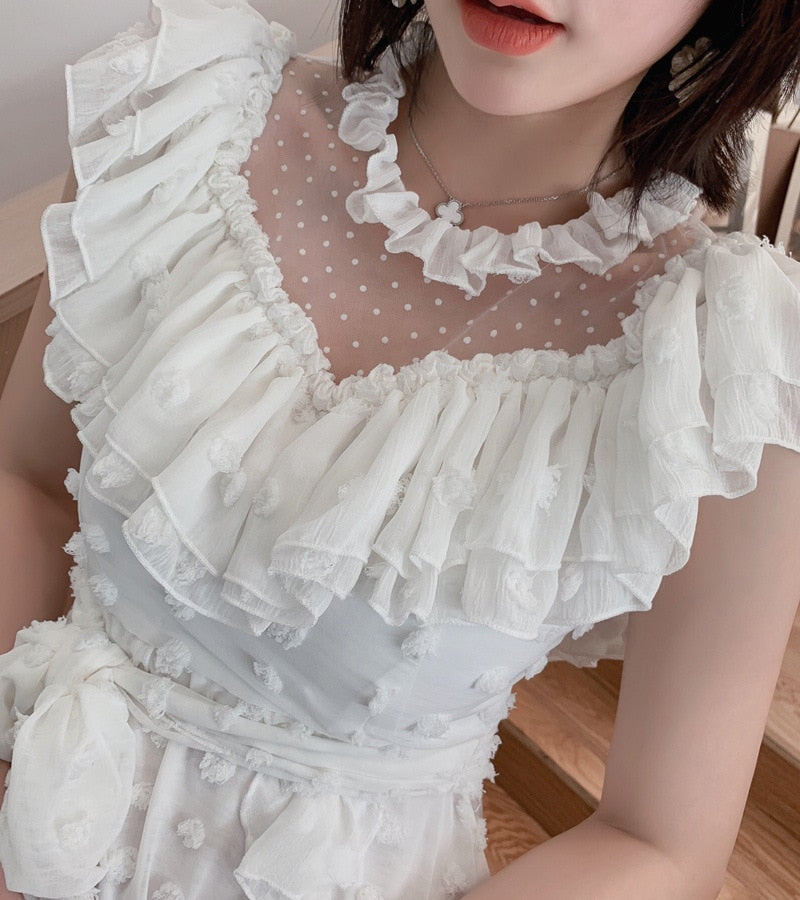 Summer Mesh Patchwork Ruffle Sashes Princess Dress Women White short Sleeve O Neck Elegant Party Dress Bandage Dresses Vestids