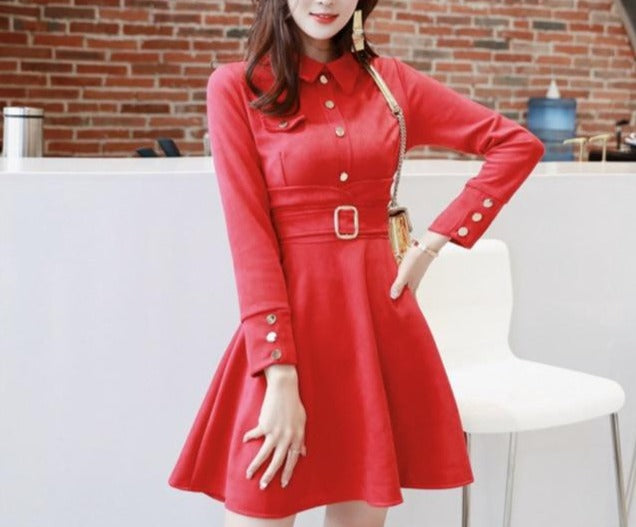 Winter Party Office High-end Dresses for Women Red Long Sleeve Turn-down Collar Dresses Vintage Vestidos Bandage A-Line Dress