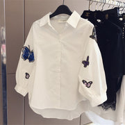 White Shirt Women Butterfly Embroidery Long Sleeve Loose Blouse and Tops Ladies Button Down Shirts