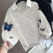 White Shirt Women Butterfly Embroidery Long Sleeve Loose Blouse and Tops Ladies Button Down Shirts