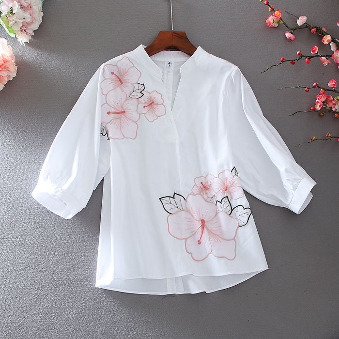 Eterna Tunic White Shirt Women Chiffon Flower Embroidery Blouse V Neck Office Ladies Tops Casual High Quality Puff Sleeve XL