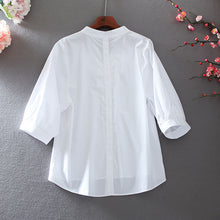Tunic White Shirt Women Chiffon Flower Embroidery Blouse V neck  Office Ladies Tops Casual High quality Puff sleeve