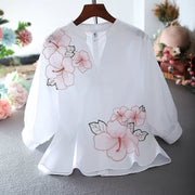 Tunic White Shirt Women Chiffon Flower Embroidery Blouse V neck  Office Ladies Tops Casual High quality Puff sleeve