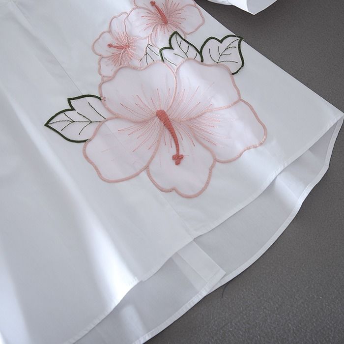 Tunic White Shirt Women Chiffon Flower Embroidery Blouse V
