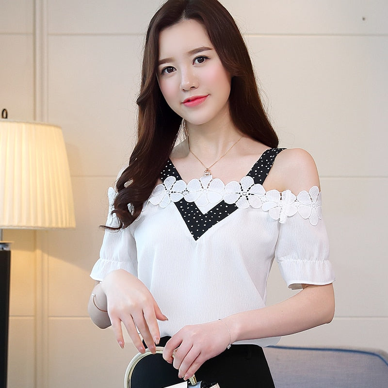 summer chiffon blouse women shirts short sleeve women blouses tops sexy slash neck off shoulder tops womens clothing D584 30